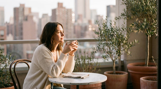 Woman enjoying coffee on an urban balcony at golden hour with city skyline — Chica Bonita Coffee urban ritual moment