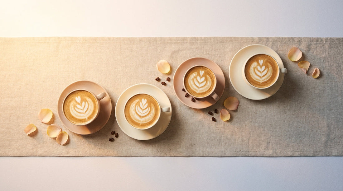 Four elegant coffee cups on a linen table runner in soft gradient light representing different moments of the day — Chica Bonita Coffee