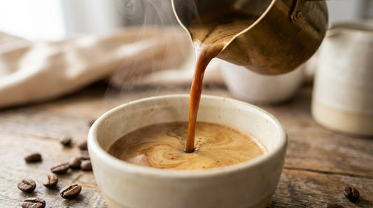 Close-up of coffee being poured into a ceramic cup with steam rising in soft natural light — Chica Bonita Coffee sensory experience