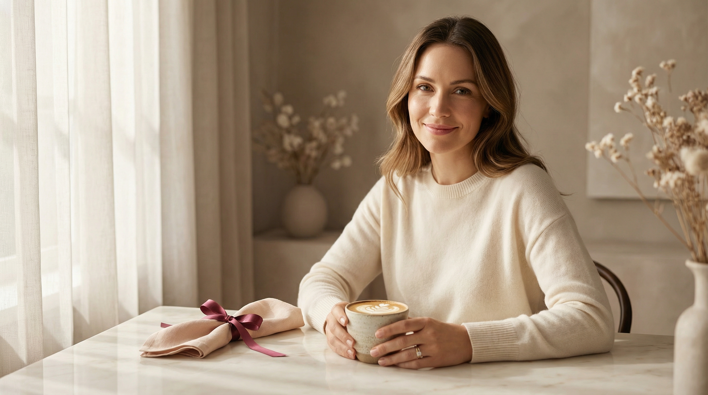 Elegant woman enjoying morning coffee ritual with latte art - Chica Bonita Coffee moment
