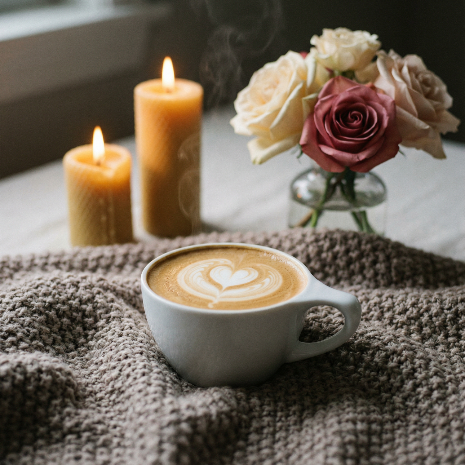Evening Embrace - Cozy coffee moment with candles and flowers for gentle unwinding