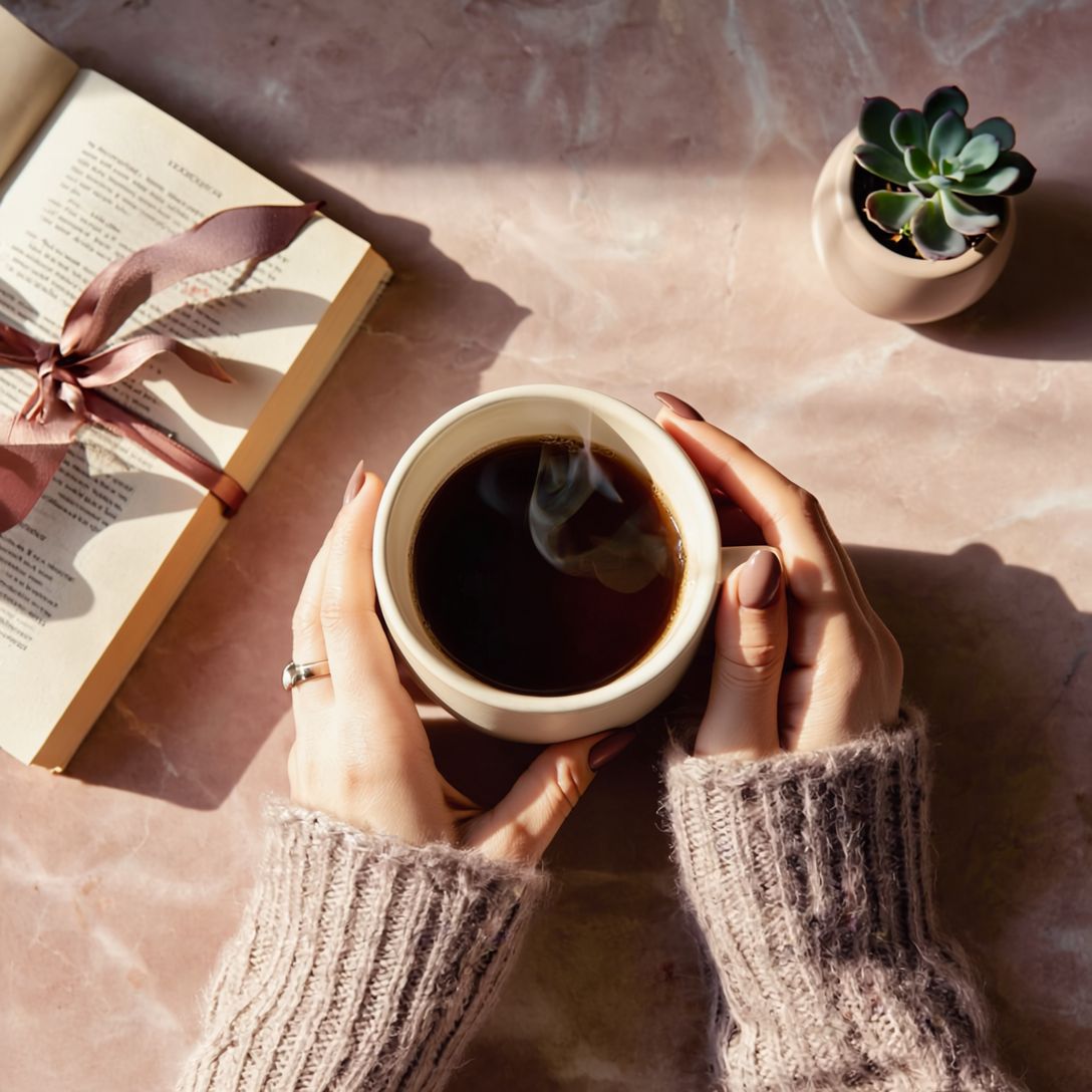 Morning Muse - Woman's hands holding coffee cup in natural morning light with book