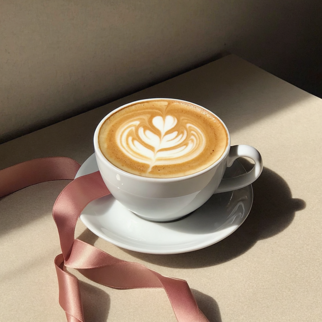 Elegant Simplicity - Minimalist coffee presentation with burgundy ribbon