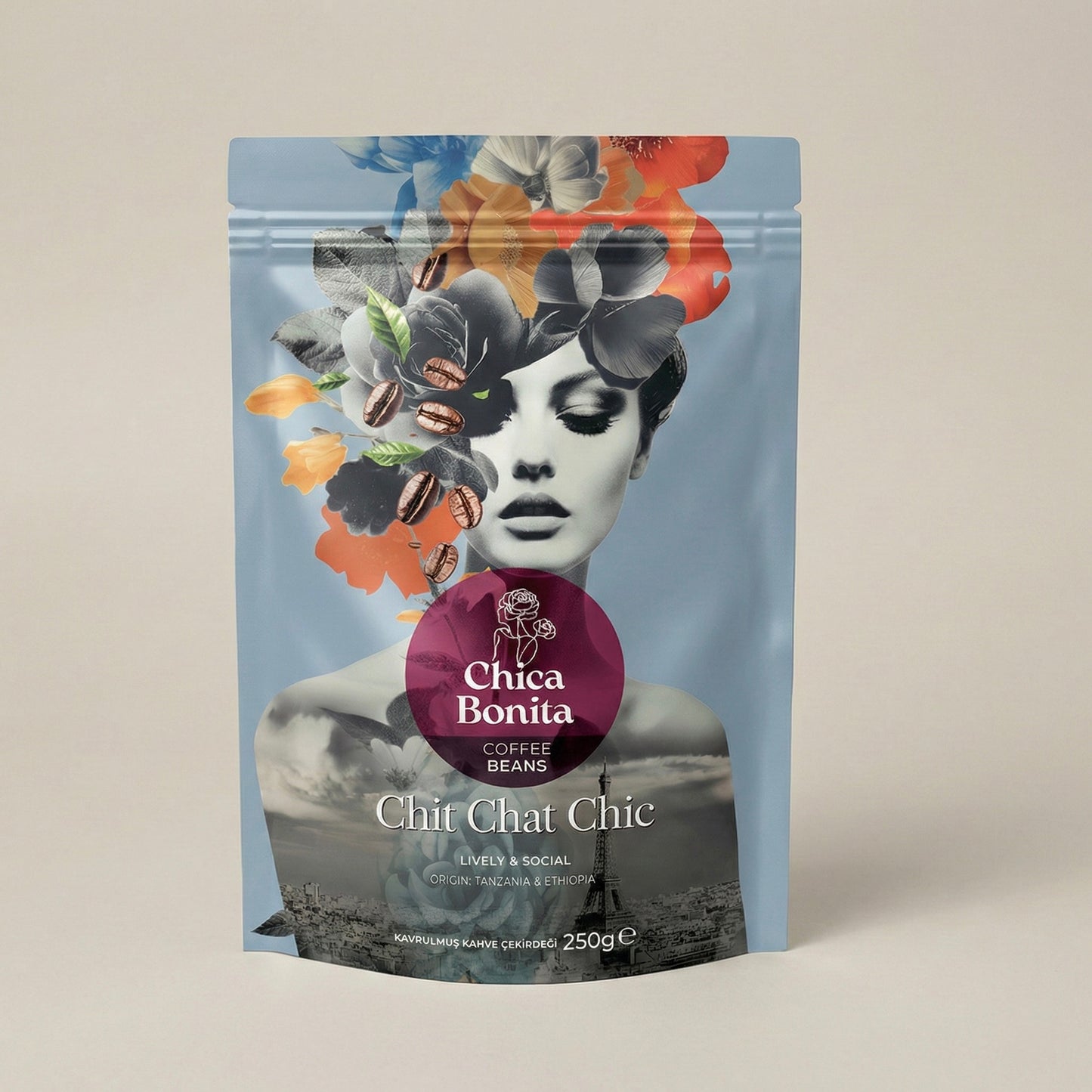 Chit Chat Chic premium coffee packaging by Chica Bonita Coffee — Tanzania-Ethiopia blend for social moments