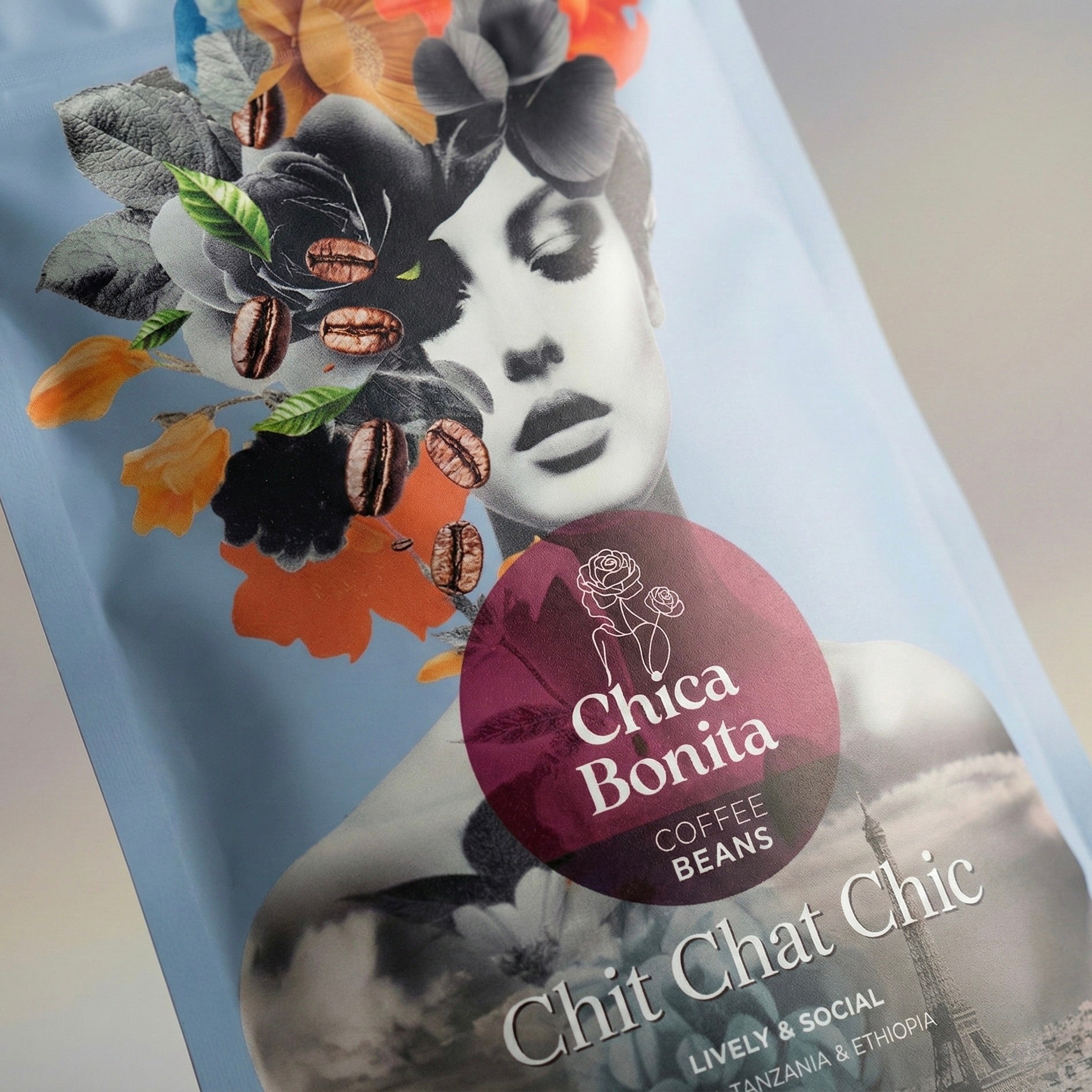Chit Chat Chic packaging artwork detail — Chica Bonita Coffee Sociable collection design