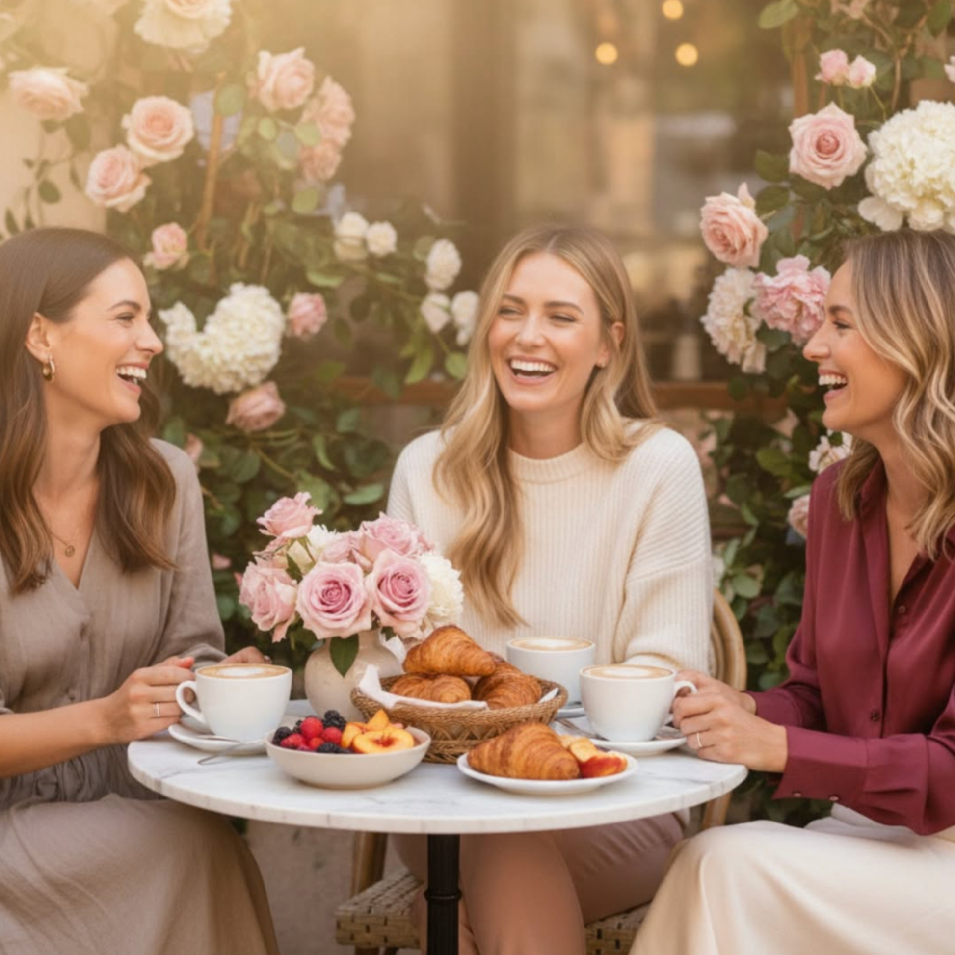 Friends sharing Chit Chat Chic coffee at a brunch table — Chica Bonita Coffee social ritual moment