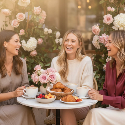 Friends sharing Chit Chat Chic coffee at a brunch table — Chica Bonita Coffee social ritual moment